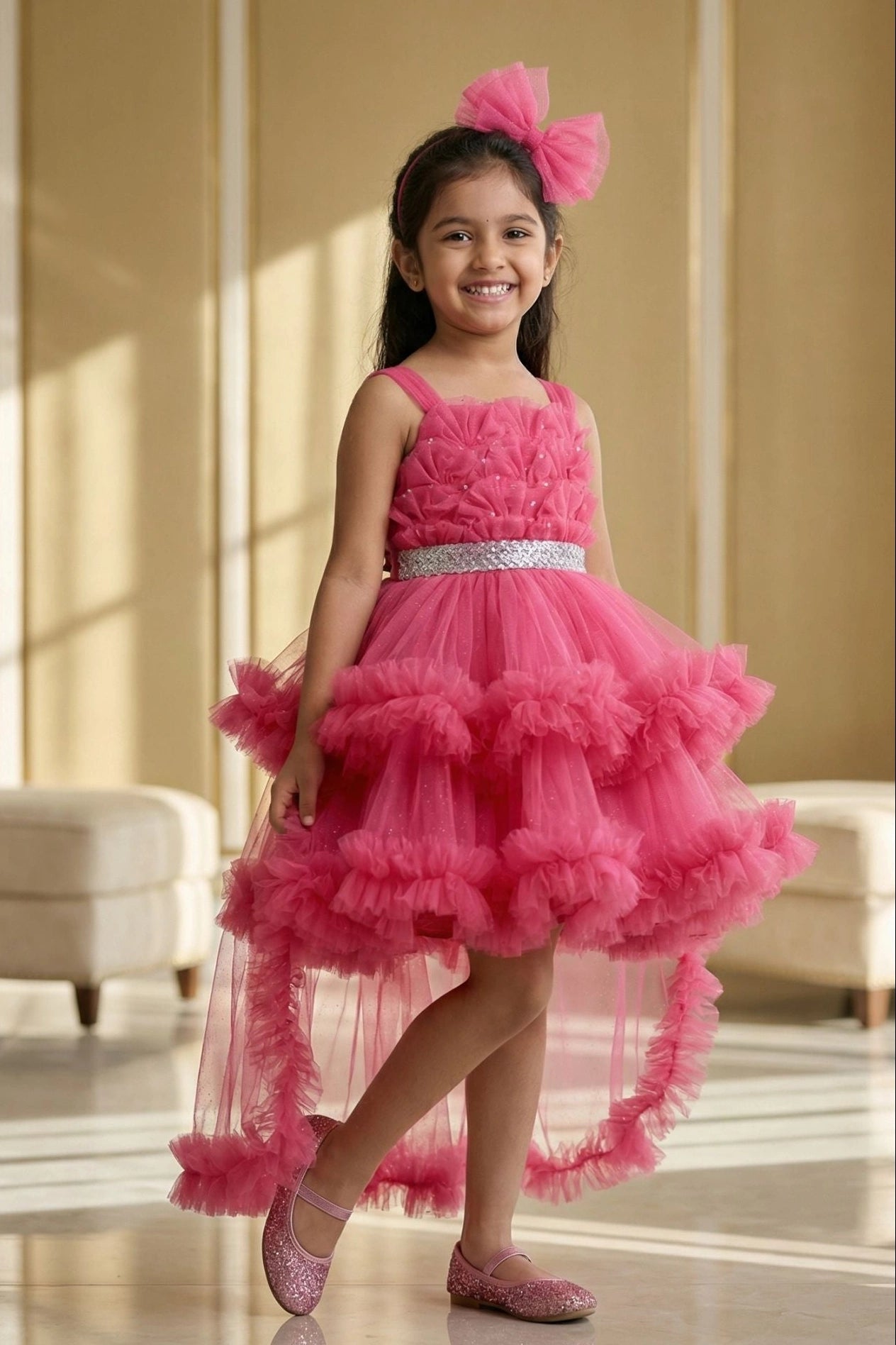 Girls Pink High-Low Party Frock with Ruffled Layers And Embellished Waistbelt