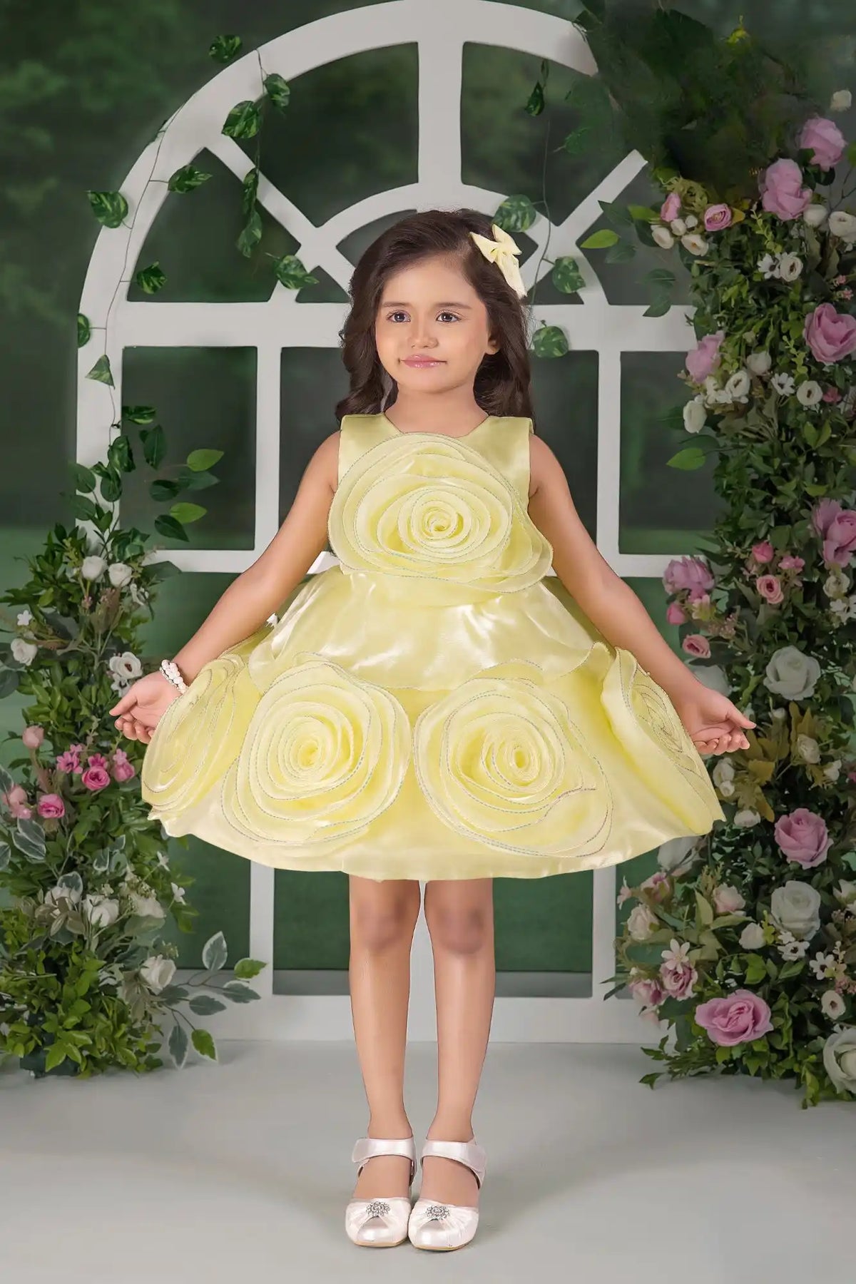 Blooming Princess Yellow Rosette Embellished Party Frock For Girls