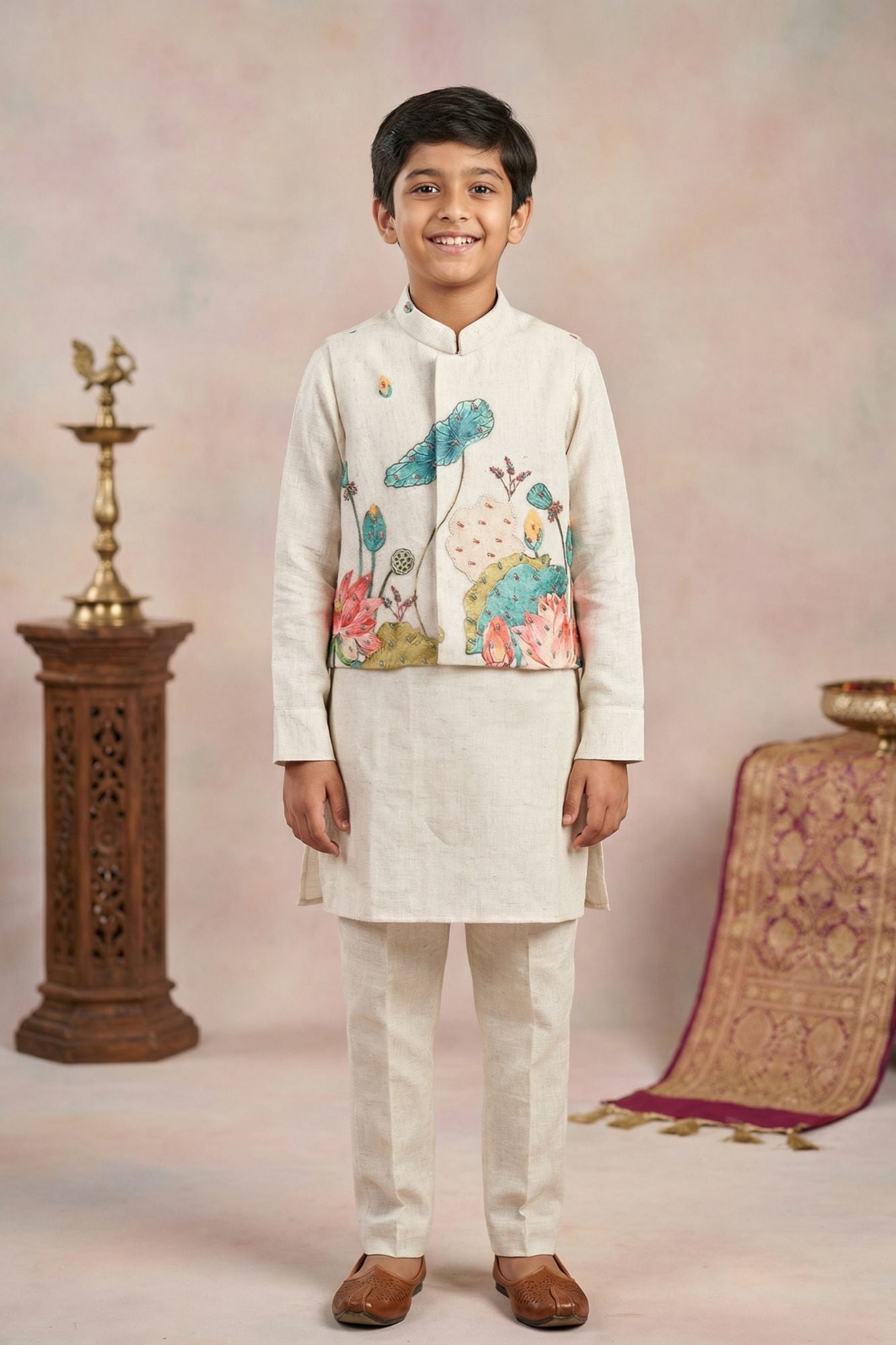 Beige Kurta Set With Floral Printed Nehru Jacket For Boys