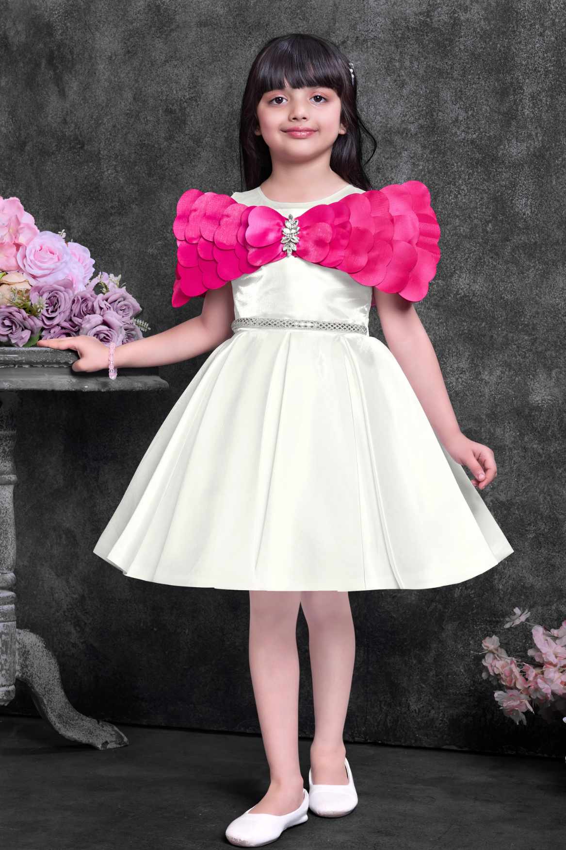 Off-White Party Wear Frock with Pink Bow Appliqué And Flared Skirt For Girls