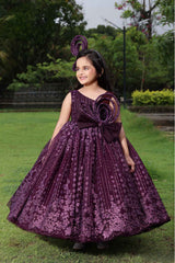 Wine Gown With Bow Embellished And Shimmer Printed For Girls