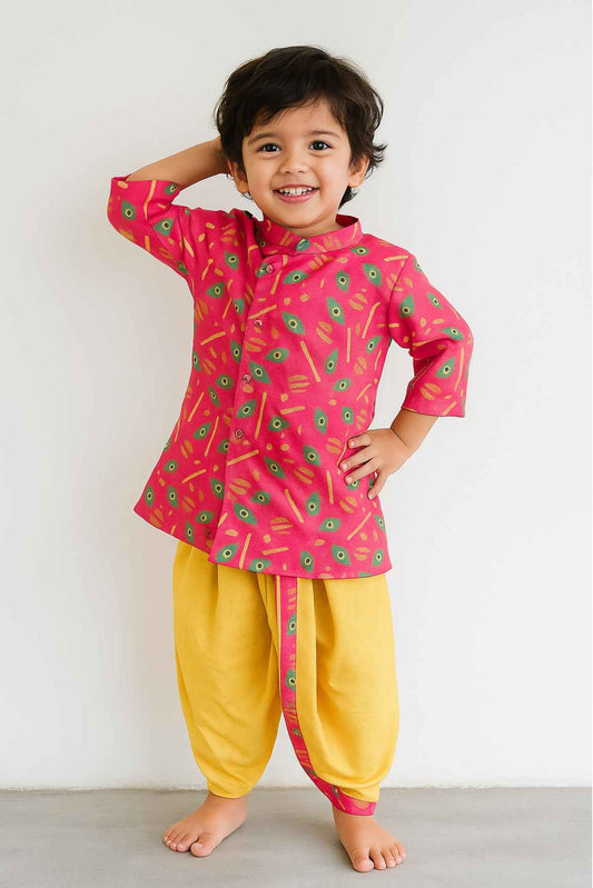 Vibrant Pink And Yellow Dhoti Kurta Set With Peacock Feather Print For Boys
