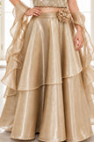 Gold Sequin One-Shoulder Organza Lehenga Set For Girls