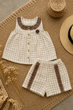 Adorable Girls Cream And Brown Checked Top & Shorts Set with Ruffle Collar