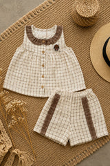 Adorable Girls Cream And Brown Checked Top & Shorts Set with Ruffle Collar
