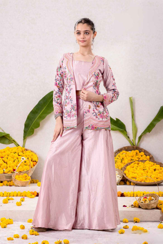 Onion Pink Embroidered With Overcoat Palazzo Set For Girls