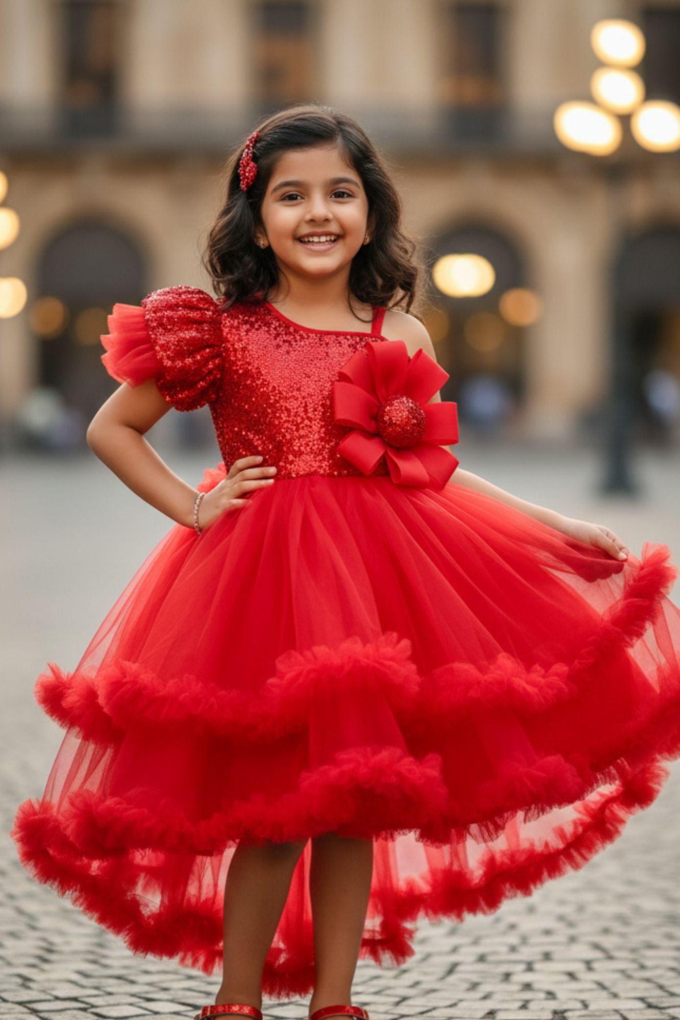 Red One-Shoulder Sequin Party Frock with Layered Tulle For Girls