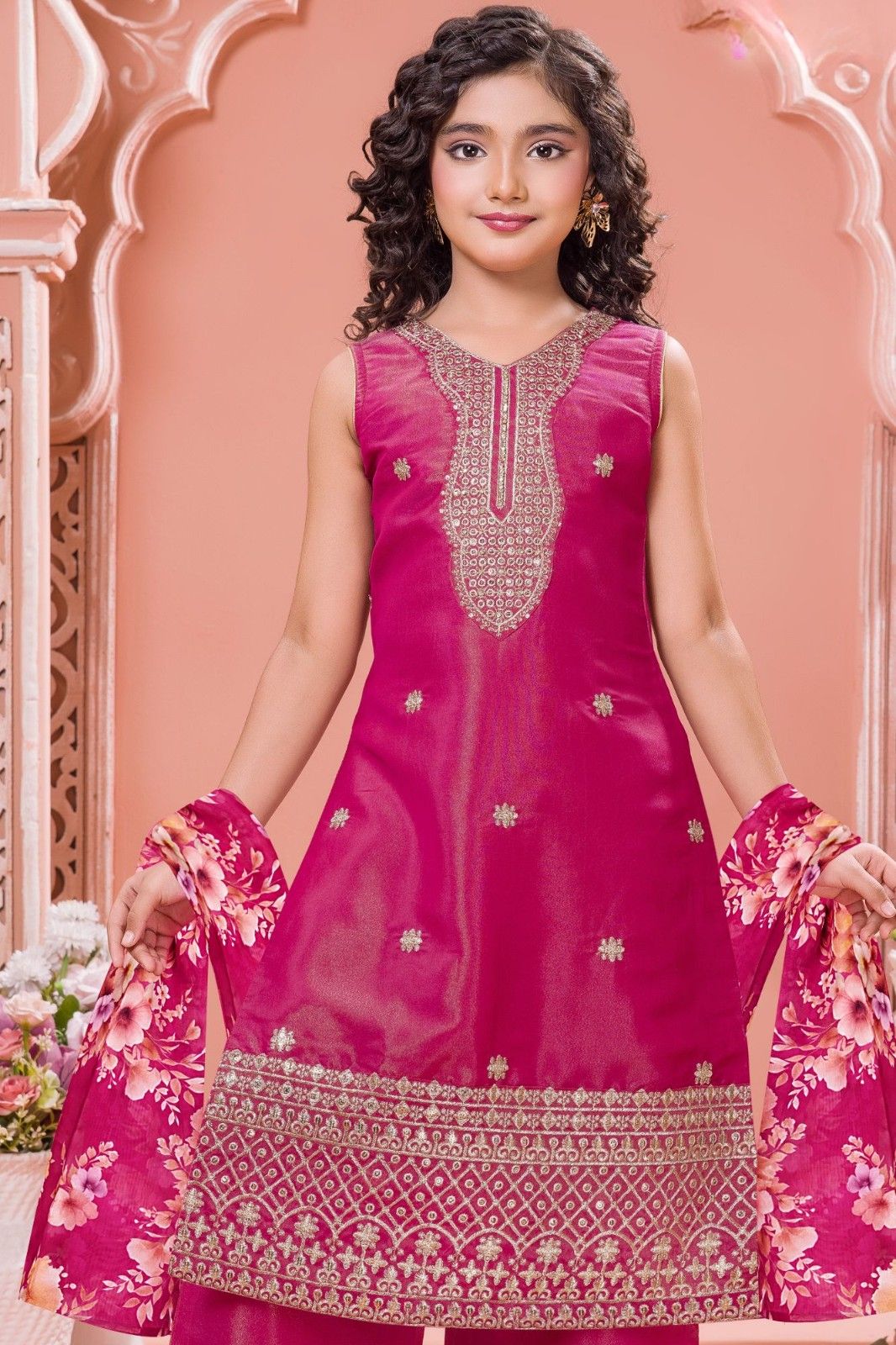 Rani Pink Embroidered Palazzo Set For Girls