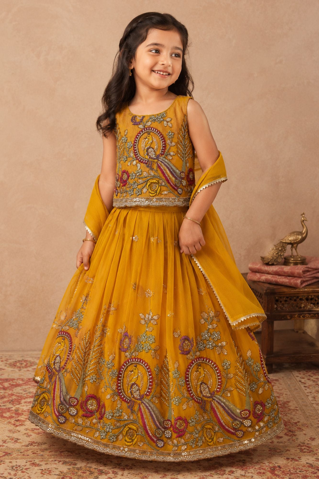 Mustard Yellow Peacock Embroidered Lehenga Choli Set with Dupatta