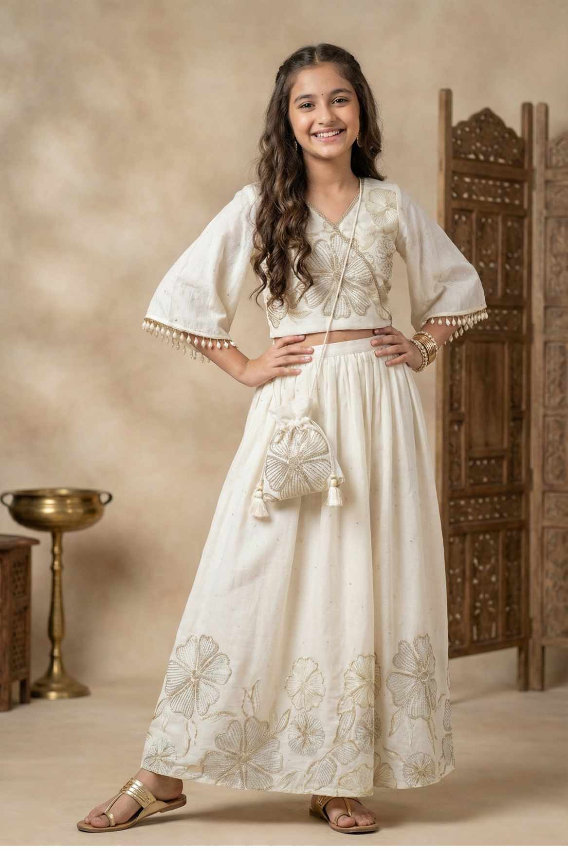 Designer Cream Embroidered Palazzo Set with Potli Bag for Girls