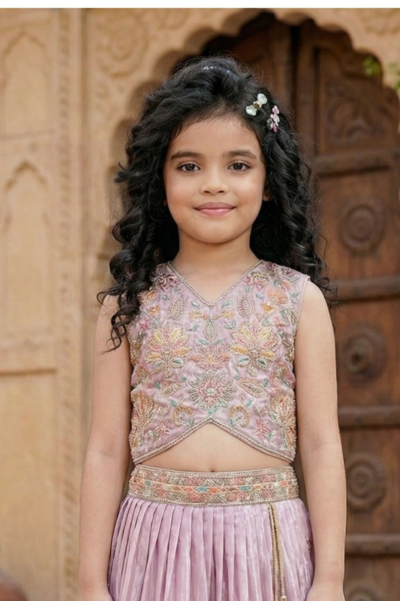 Elegant Lavender Floral Embroidered Lehenga Choli Set For Girls