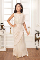 Elegant Off White Ruffled And Sequined Saree For Girls