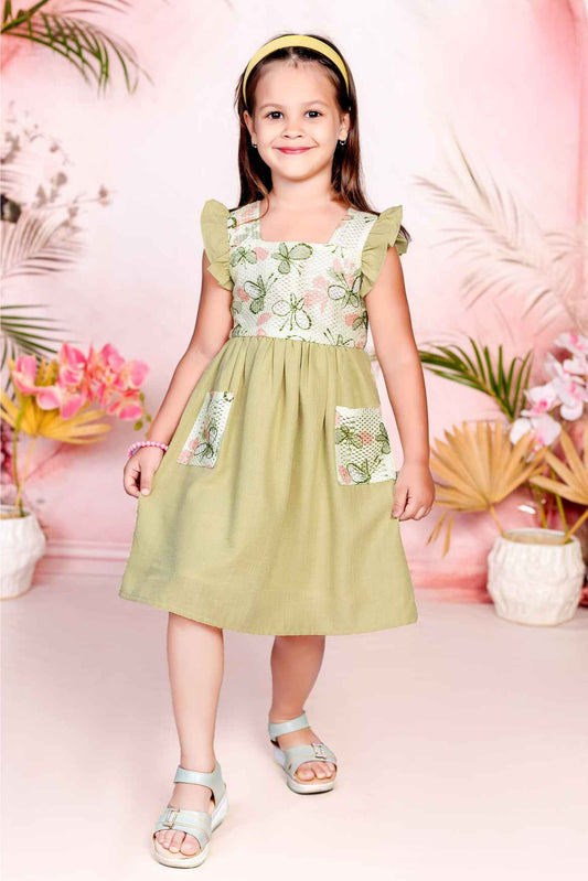 Olive Green Cotton Frock With Butterfly Print For Girls