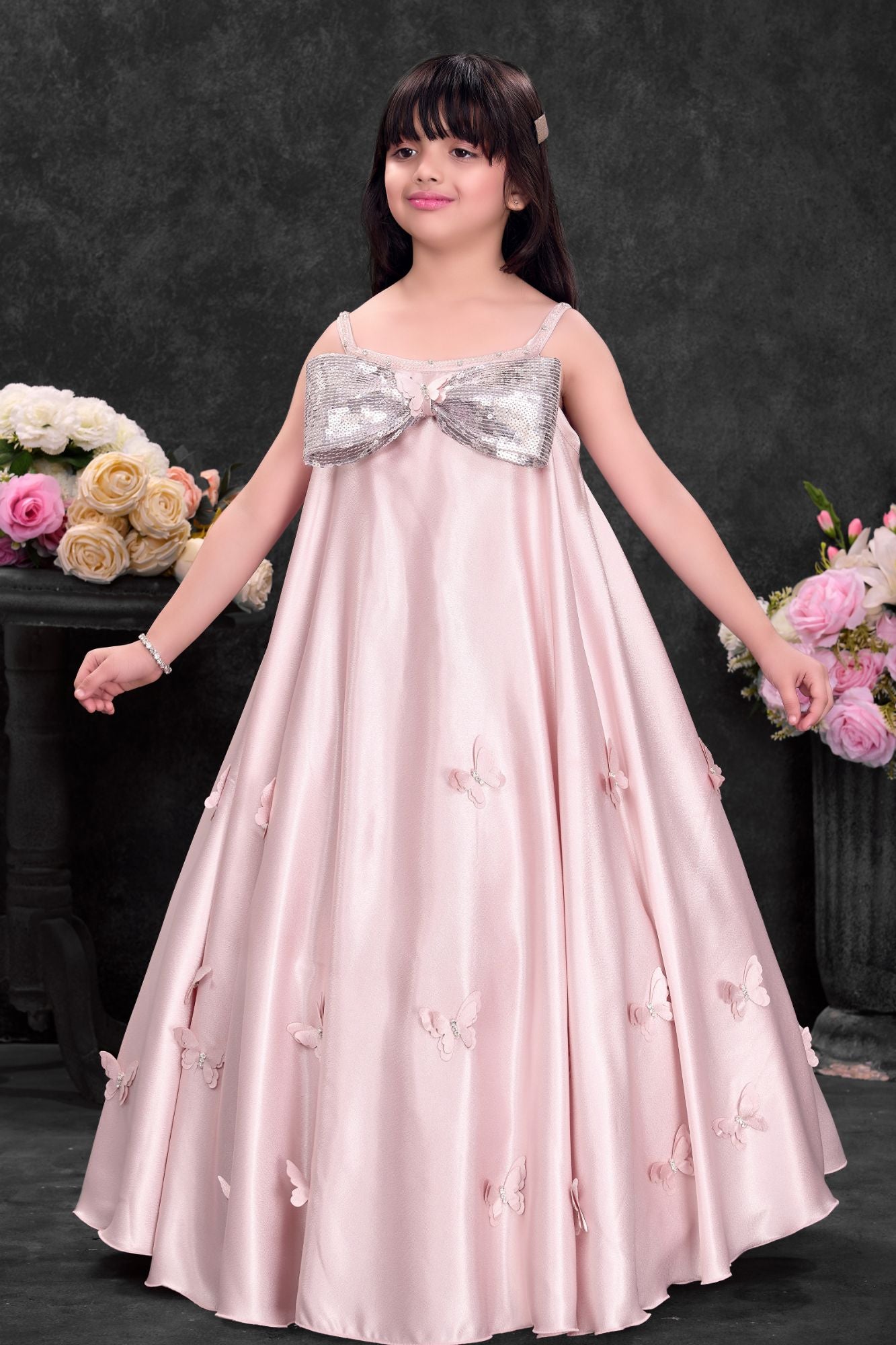Blush Pink Party Wear Gown With Sequin Bow And Butterfly Applique For Girls