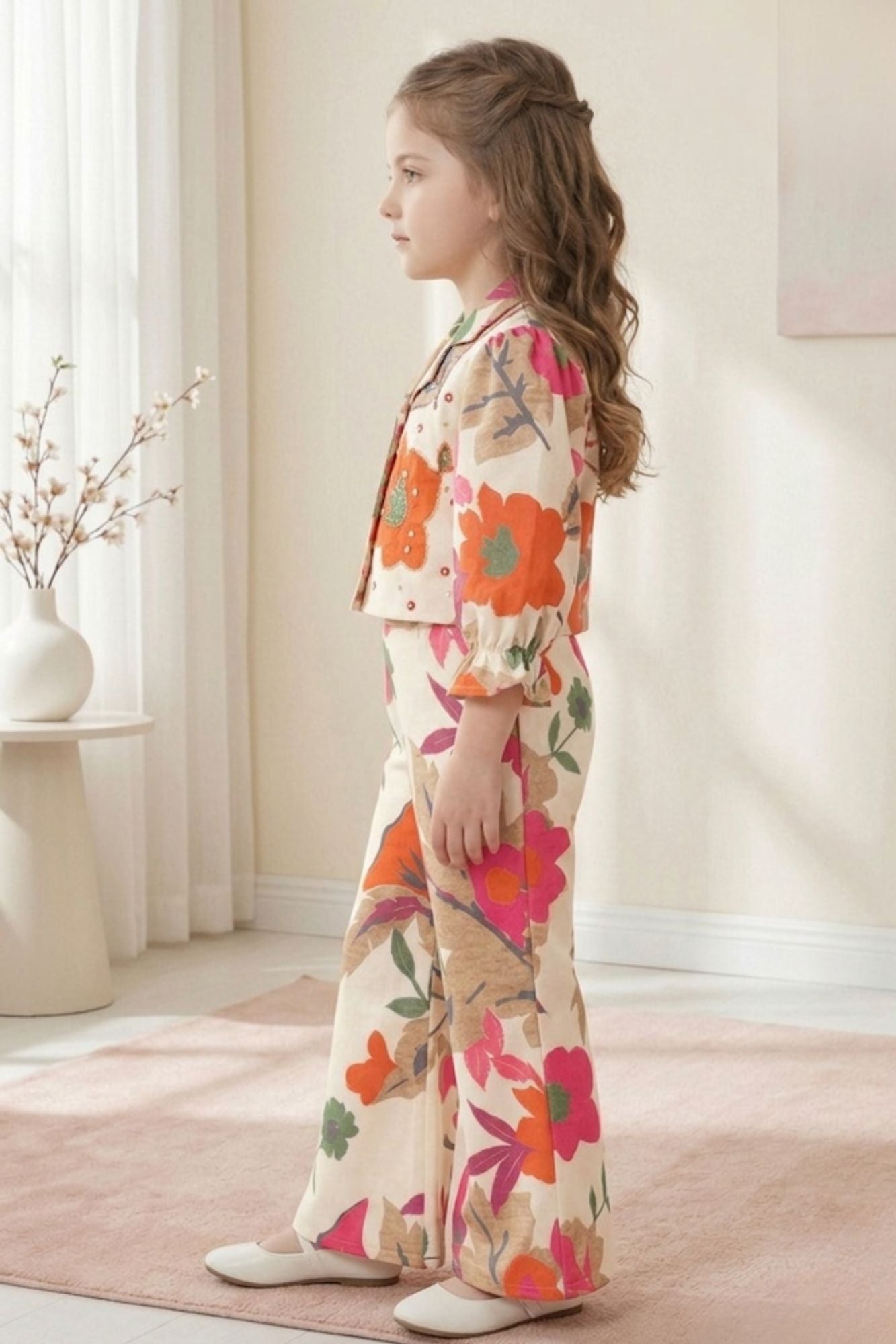 Girls Cream With Multicolor Floral Printed Co-Ord Set
