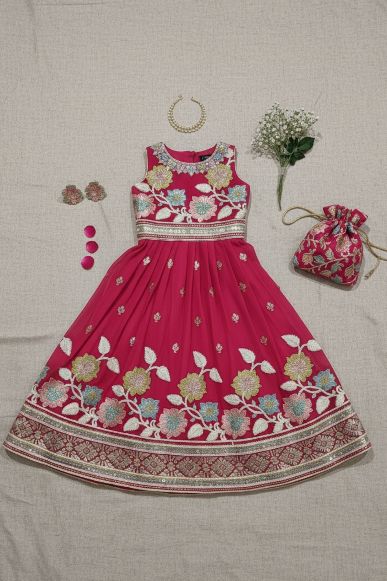Fuchsia Pink Floral Embroidered Lehenga Choli Set For Girls