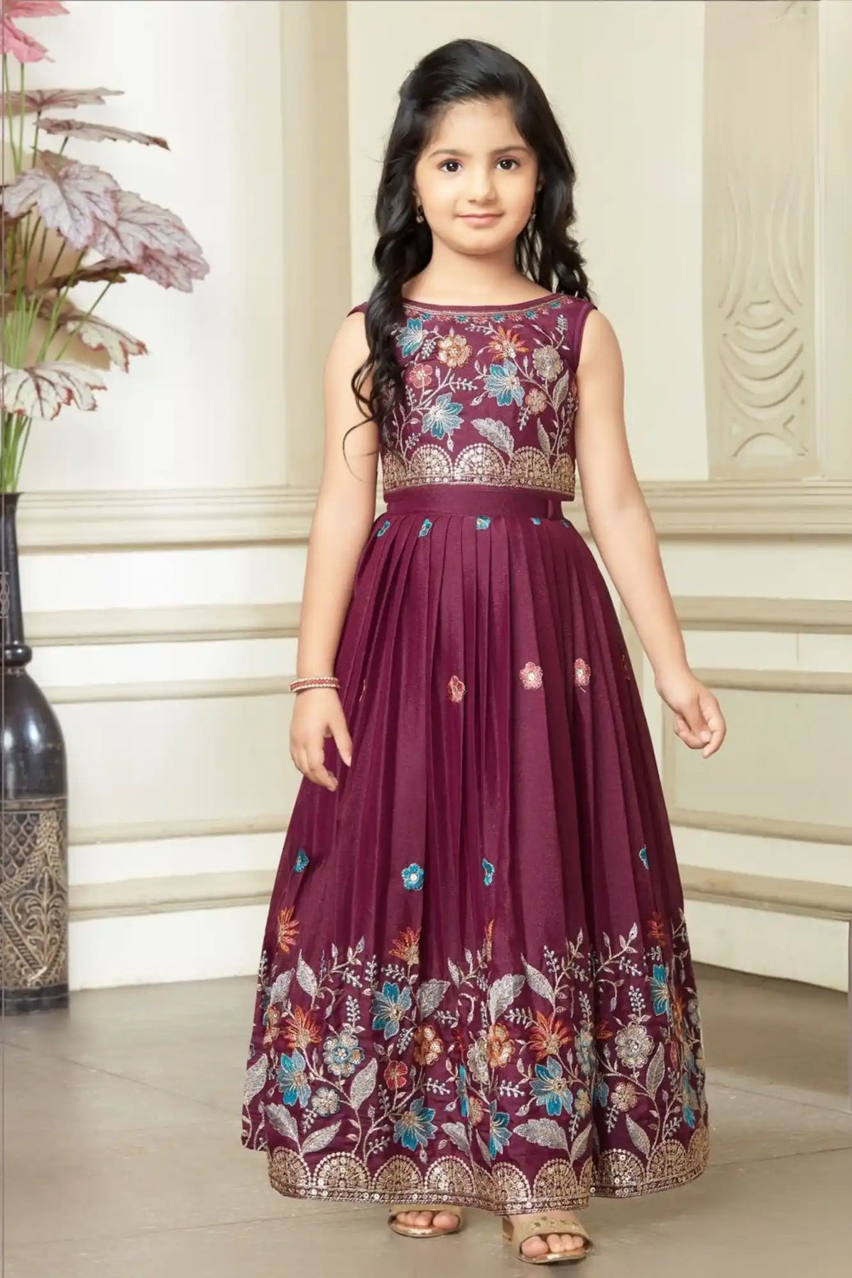 Dark Purple Floral Embroidered Ethnic Lehenga Choli for Girls