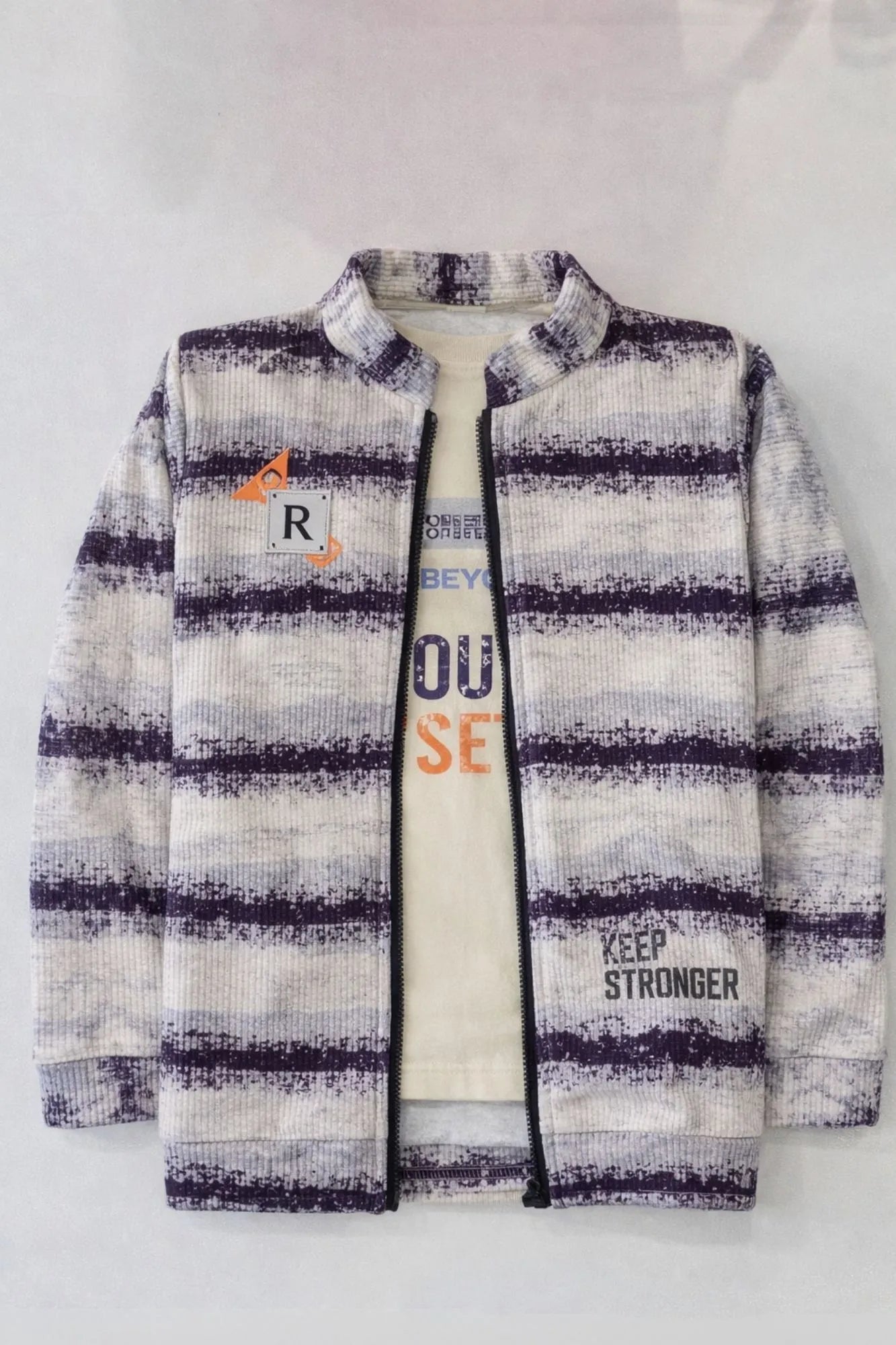 Grey And White Printed Zip-Up Jacket For Boys