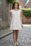 Cream Layered Ruffled Party Dress With Shrug For Girls