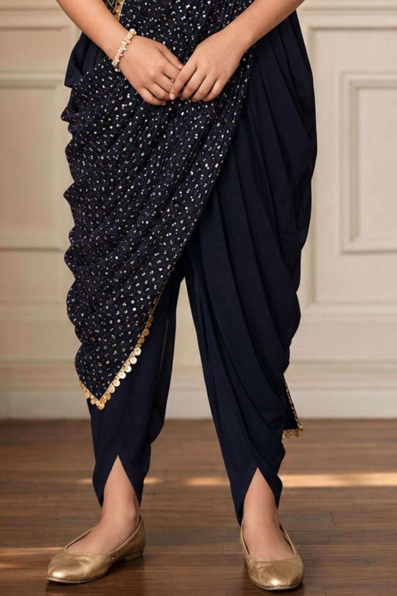 Navy Blue Dhoti Set with Attached Drape For Girls