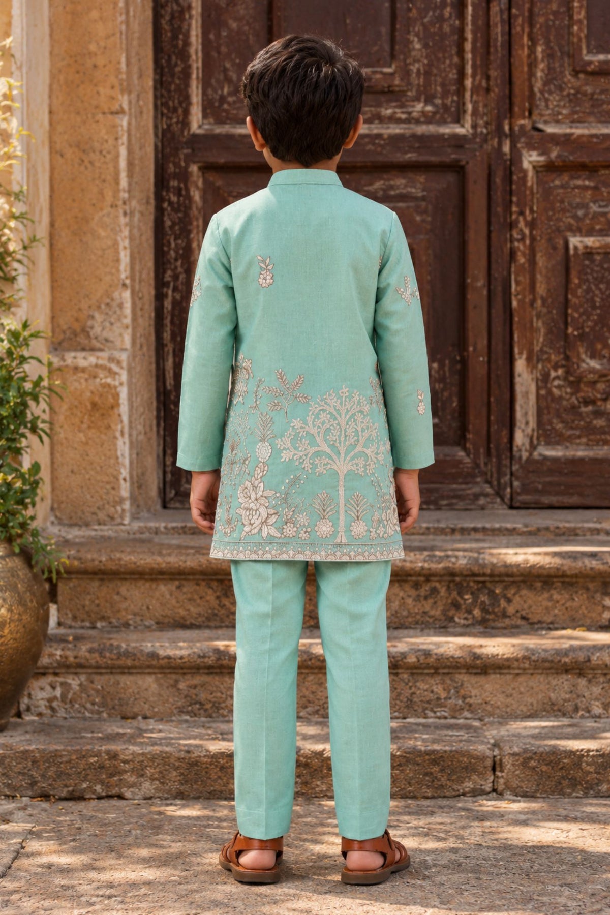 Boys Mint Green Kurta Pajama Set With Floral Thread Embroidery