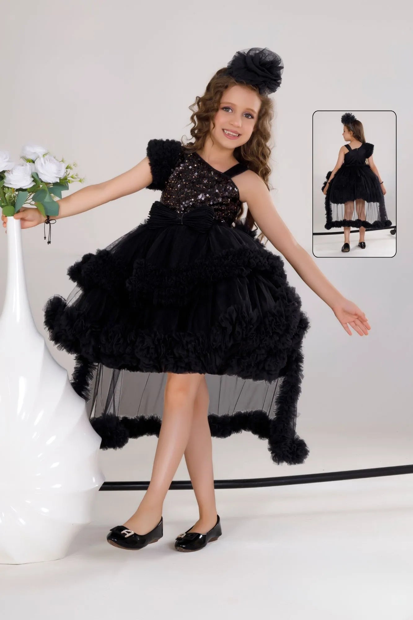 Black Ruffle Party Frock With Sequin Bows And High-Low Hem For Girls