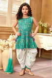 Green Printed And Sequin Top With Dhoti Bottom Set For Girls
