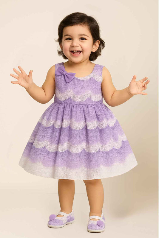 Purple Wave-Pattern Party Frock With Bow & Matching Footwear For Girls