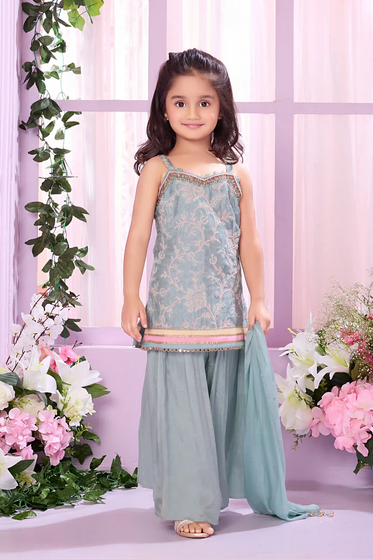 Sea Blue Embroidered Sharara Set with Sleeveless Kurti And Dupatta For Girls