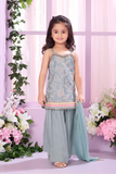 Sea Blue Embroidered Sharara Set with Sleeveless Kurti And Dupatta For Girls