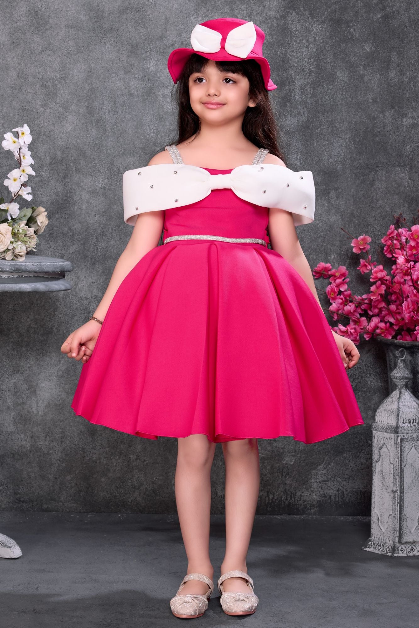 Hot Pink Off-Shoulder Bow Party Wear Frock with Matching Hat For Girls