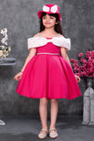 Hot Pink Off-Shoulder Bow Party Wear Frock with Matching Hat For Girls