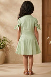 Girls Pista Green Fit And Flare Shirt Collar Casual Dress with Tie-Up Sleeves