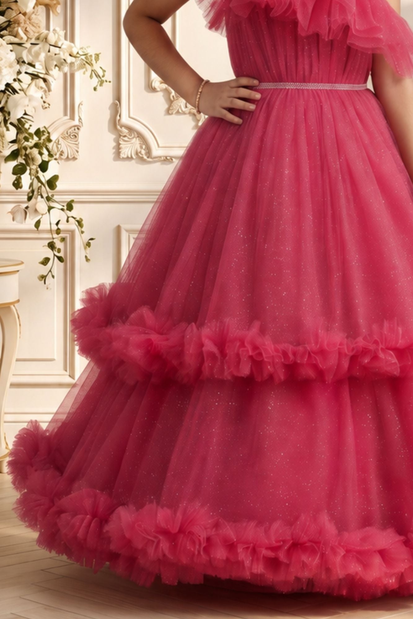 Rani Pink One-Shoulder Net Party Gown with Layered Ruffle Hem For Girls