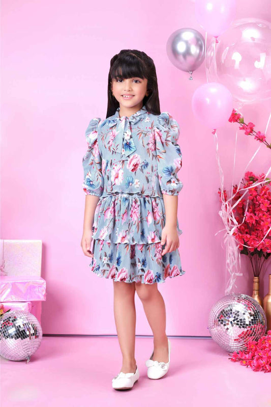 Sky Blue Puffed Sleeves Floral Printed Top And Skirt Set For Girls