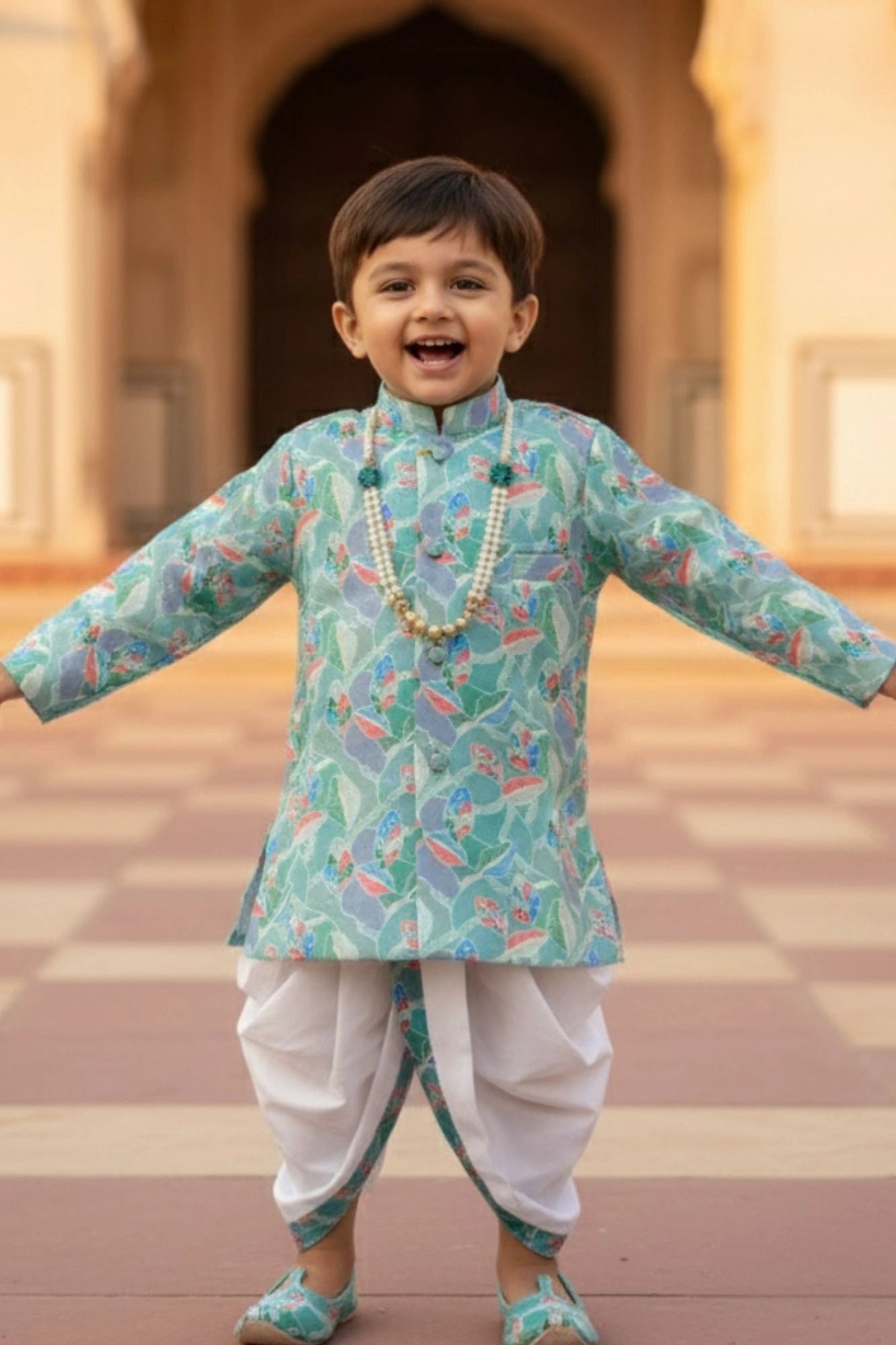 Aqua Blue With Leaf Printed Festive Dhoti Set for Boys