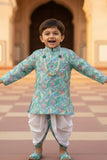 Aqua Blue With Leaf Printed Festive Dhoti Set for Boys