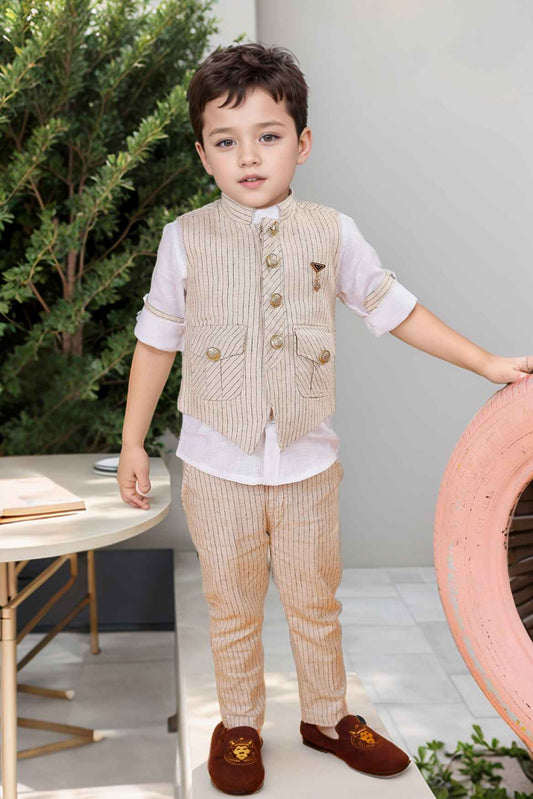 Beige Waist Coat With White Shirt And Pant Set For Boys