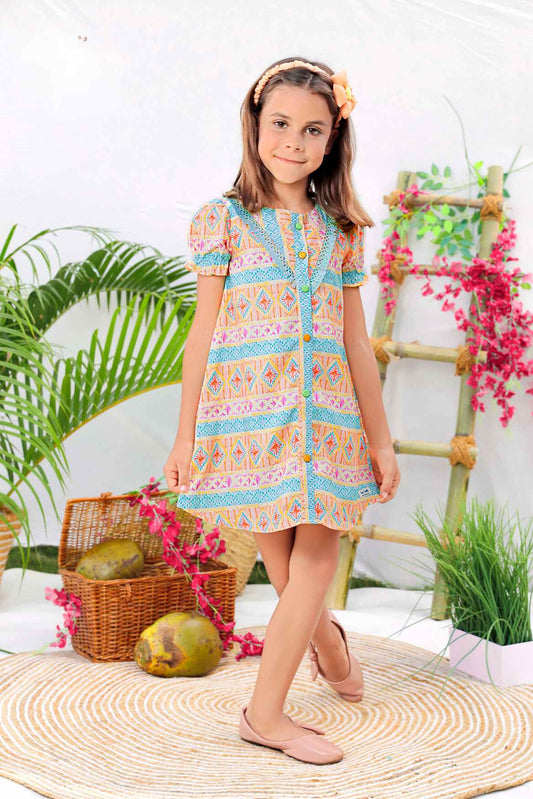 Blue Printed Dress With Lace On Yoke A Line For Girls