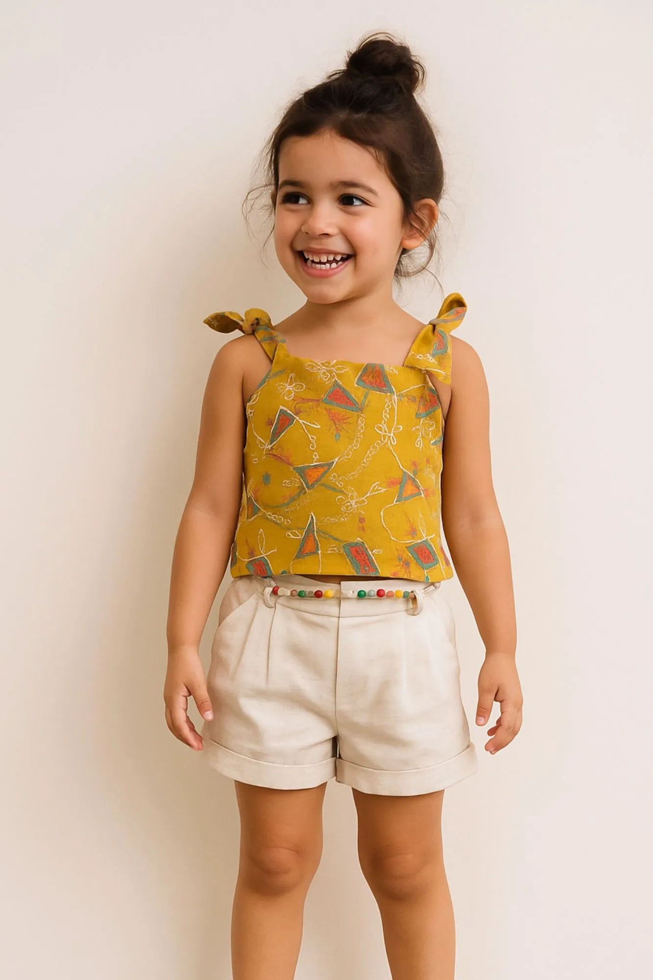 Mustard Thread Embroidered Top with Shorts Set For Girls