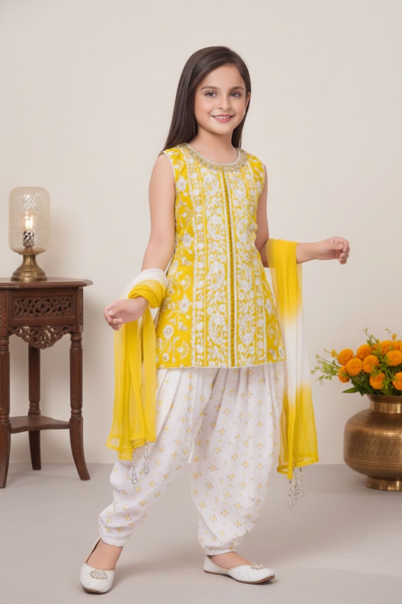 Yellow Embroidered Patiala Suit Set With Dupatta For Girls