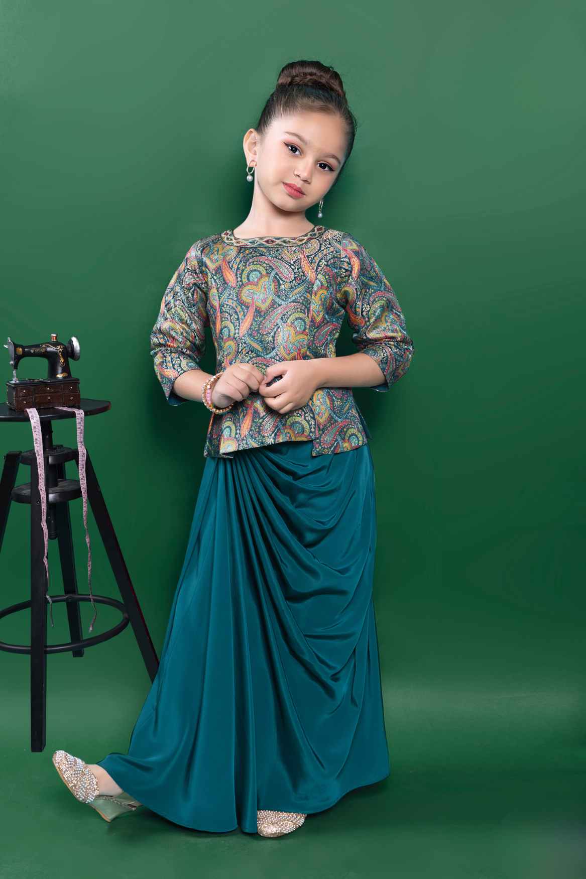 Designer Teal Blue Brocade Top And Dhoti Bottom Set For Girls