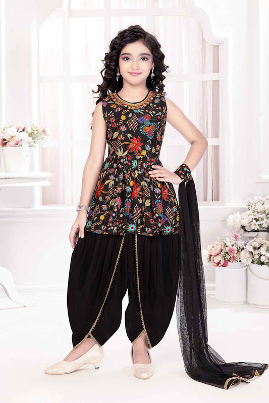 Black Embroidered And Sequin Work Top With Dhoti Bottom Set For Girls