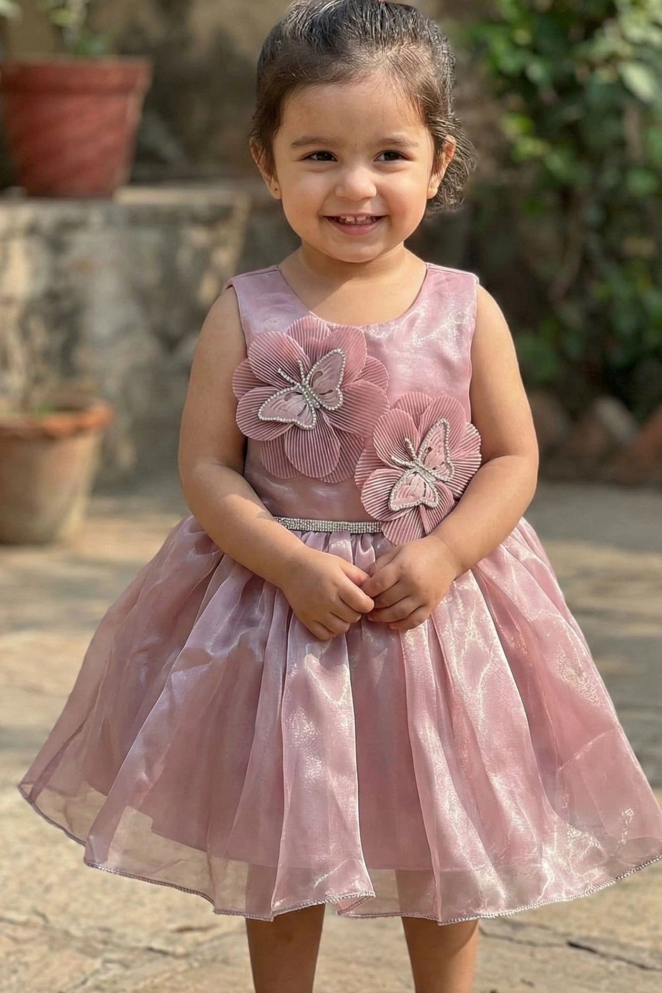 Baby Pink Butterfly Appliqué Party Wear Frock For Girls