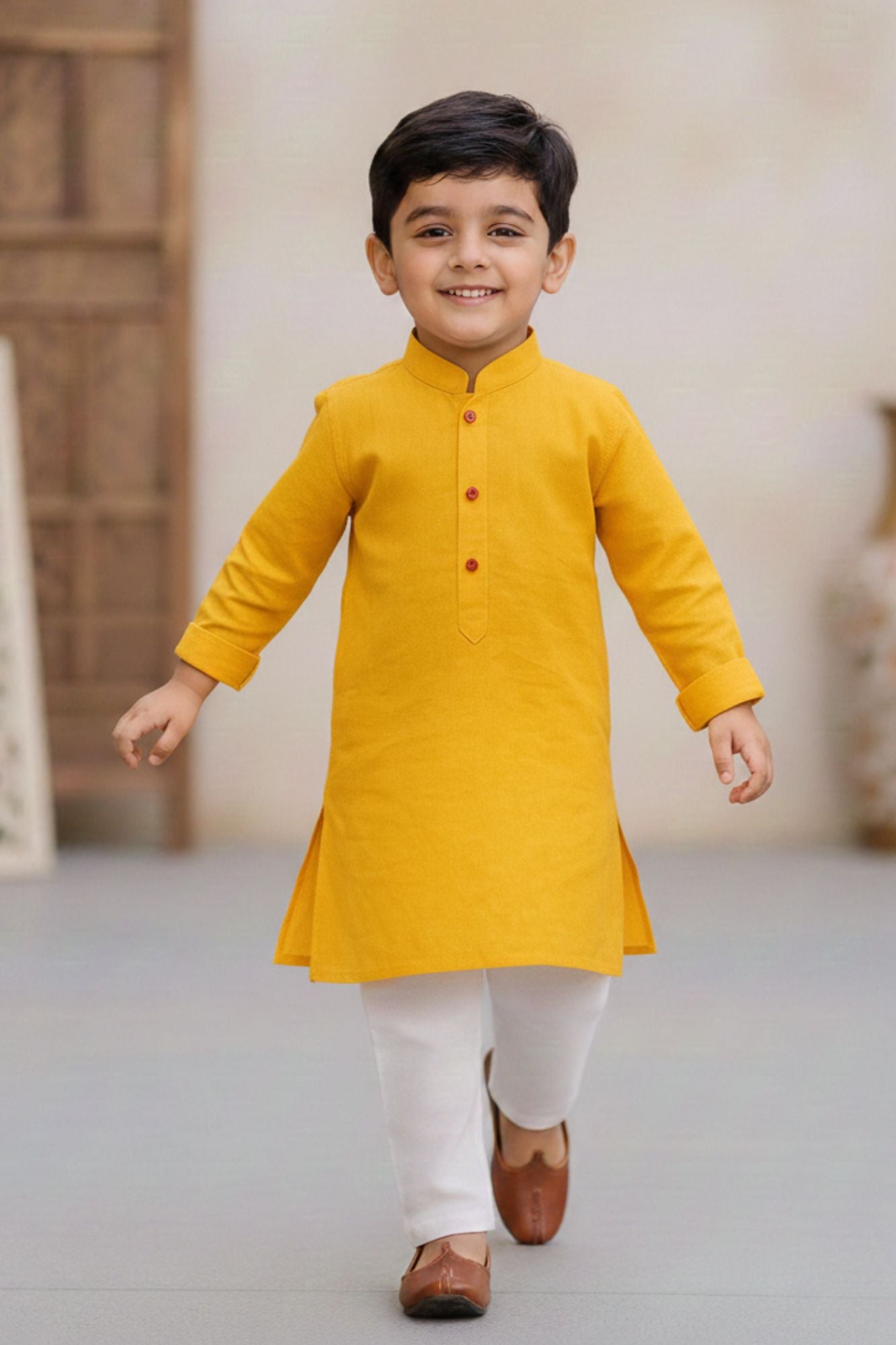 Sunshine Yellow Kurta with White Pajama Set For Boys