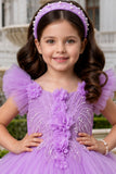 Girls Lavender Ruffle Tailback Party Dress With Pearl And 3D Floral Work