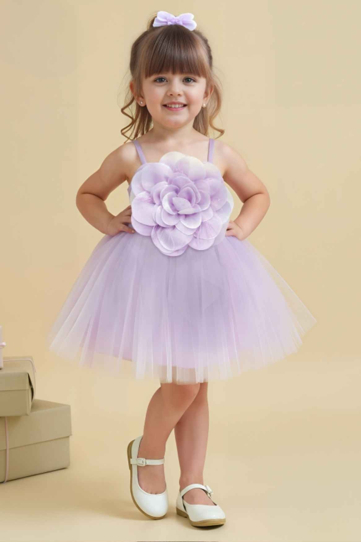 Lavender Floral Embellished Party Wear Frock For Girls