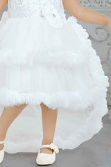 White Frill Sleeves And Sequin Embroidery With Floral Embellished Tail Back Frock For Girls