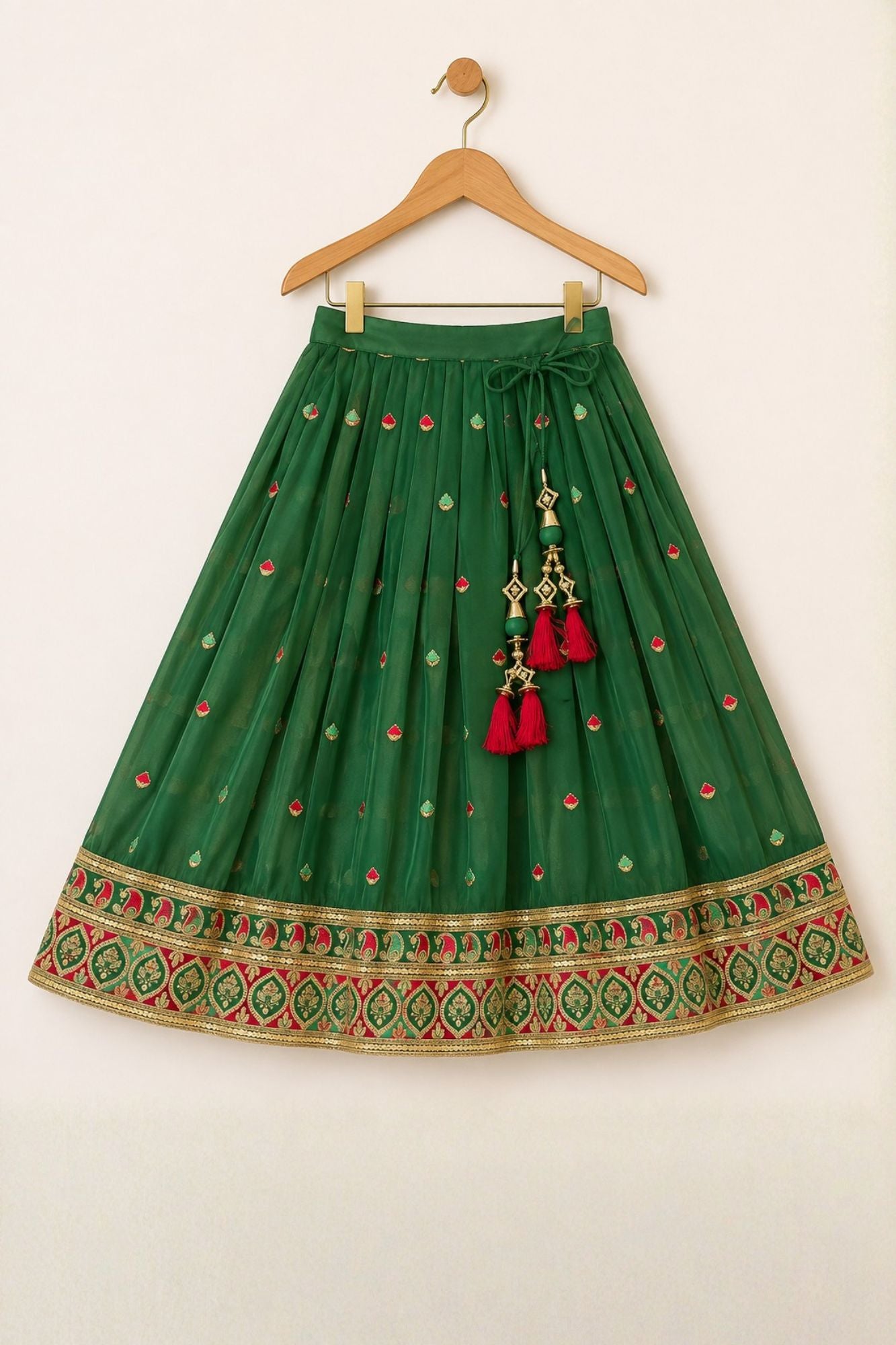 Green And Red Embroidered Lehenga Choli Set with Dupatta for Girls