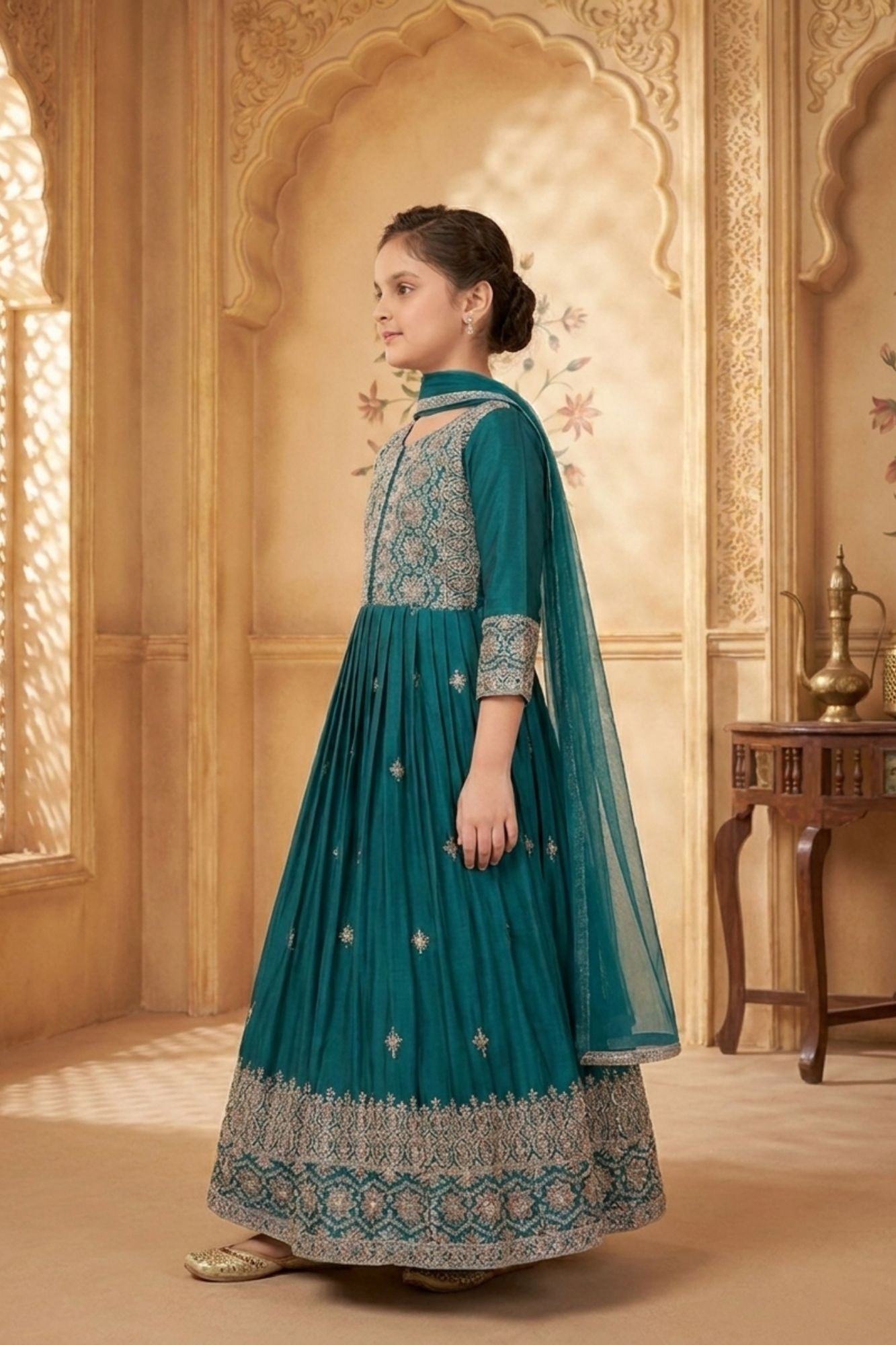Girls Dark Teal Embroidered Anarkali Gown with Dupatta